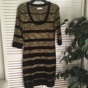 Eye catching sweater dress.  Great Fall color